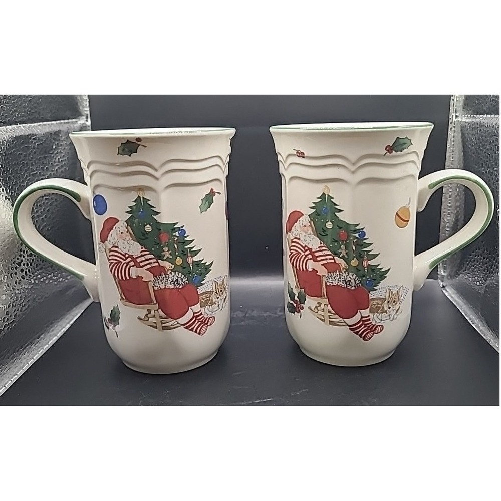 Mikasa Coffee Cups Pair French Countryside Christmas Mugs Santa‎ Tree Holiday